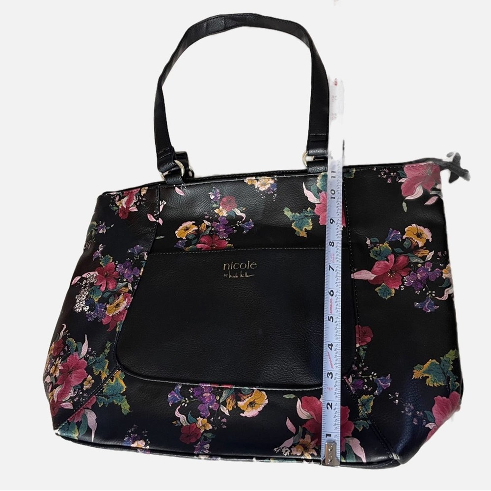 Nicole by Nicole Miller black flower satchel tote bag faux leather gold accents - Picture 3 of 8